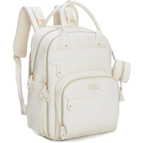 BabbleRoo Leather Diaper Bag Backpack - Baby Essentials Travel Baby Bag, Multi function, Waterproof, with Changing Pad, Stroller Straps & Pacifier Case – Unisex, Eggshell White