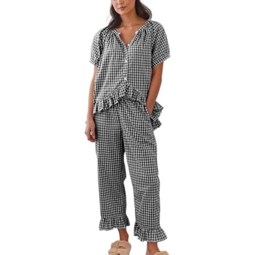 Women Gingham Pajama Set High Low Hem Babydoll Peplum Tops Ruffle Wide Leg Pants Set Plaid Loungewear Sleepwear