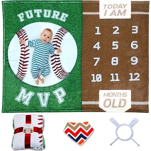 Sukoon Monthly Milestone Blanket for Baby Boy/Girl | Baseball Theme | Includes Frame and Bib | Large | 47"x40" | Personalized Baby Month Blanket for Newborn Baby Shower