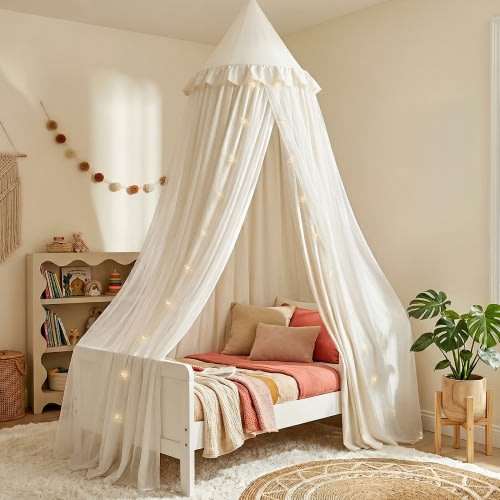 Bed Canopy with Star Night Light, Double Layer Dustproof And Breathable, Kids Reading Nook Bed Tent, Machine Washable, Available in White, Pink And Purple