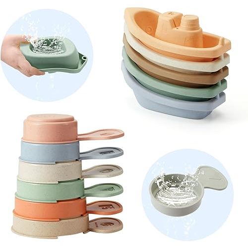 AMCHSURI Bath Toys Floating Boats with Bathing Spoon, 11 PCS Bathtub Mold Free Bath Toy for Babies Water Table Toys Toddler Birthday Gift for Preschool Boys/Girls
