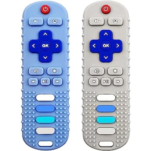 Baby Teething Toys, Food Grade Silicone Teether for Babies 3 6 12 18 Months, TV Remote Shape Toddlers Chew Toys, Freezer BPA Free (Blue+Beige)