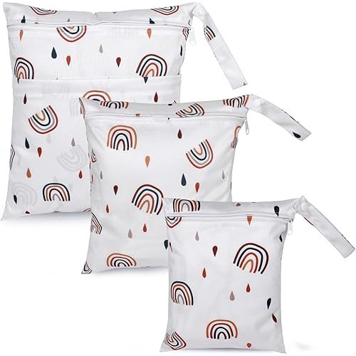 3pcs Cloth Diaper Wet Dry Bags Waterproof Reusable with Two Zippered Pockets Travel Beach Pool Daycare Soiled Baby Items Yoga Gym Bag for Swimsuits or Wet Clothes
