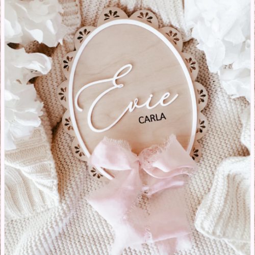 Scallop edge lace patterned birth announcement sign (Scarlett Rose)