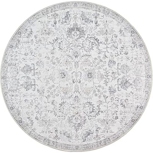 jinchan Round Rug 7ft Area Rug Washable Vintage Indoor Retro Floor Cover Distressed Gray Floral 7' Round Circle Boho Non Slip Thin Carpet for Living Room Dining Room Bedroom Kitchen Grey