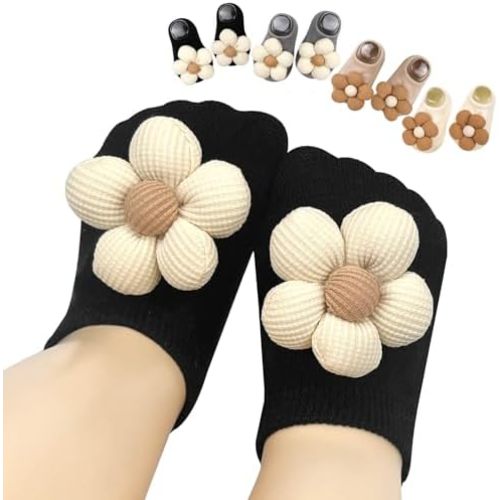 4Packs Baby Girls Socks,Flower Non-Slip Grips for Babies Toddler Princess Low Cut Ankle Socks for Girls