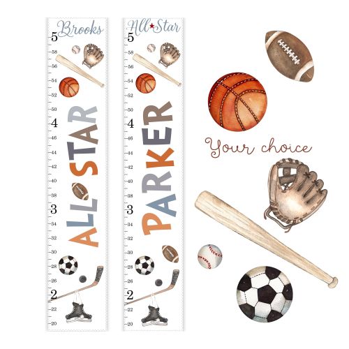 SPORTS Growth Chart, ALL STAR Growth Chart, Canvas Growth Chart, Ruler Growth Chart, Height Chart, Sports Nursery Decor, Sports Room