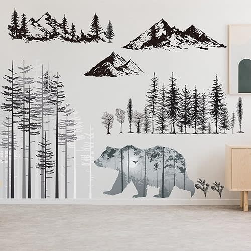 Outus 3 Sheets Mountain Forest Bear Wall Decals Stickers Pine Tree Wall Decals Woodland Trees Wall Stickers Forest Decals for Kids Nursery Bedroom Living Room Decor,11.8 x 35.4 Inches