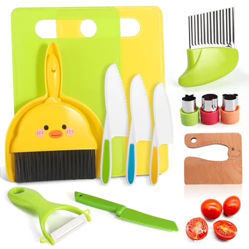 14PC Montessori Toy Safe Kitchen Knife Set for Toddler, Kids Knife Set for Real Cooking with Cutting Board, Gift for 3-12 Year Old Girl Boy Bithday Chistmas, Little Chef Cooking Tool for Kid Age 3-12