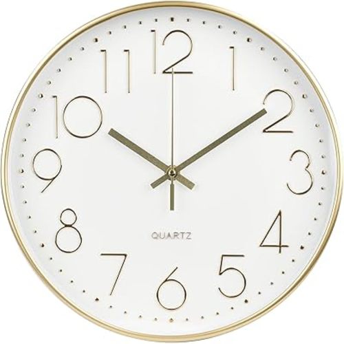 Wall Clock 12 Inch Non-Ticking Silent Modern Simple Style Round Decor Clock Gold Stereoscopic Dial Quartz Wall Clocks for Home/Office/School/Living Room/Bedroom/Kitchen