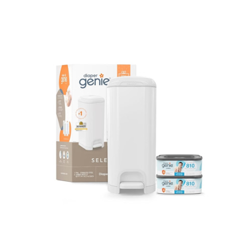 Diaper Genie Select Pail Registry Gift Set (White) | Made of Durable Stainless Steel Metal | Includes 2 Jumbo Refills | Holds 1620 Newborn Diapers