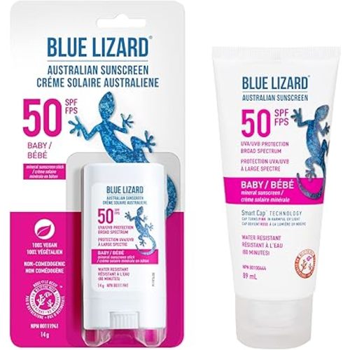 BLUE LIZARD Baby SPF 50 Lotion and Stick Duo, Mineral Sunscreen for Babies and Toddlers, Sunscreen Lotion for Babies, Zinc Oxide Sunscreen, 2 Count, 89ml-Tube and 14g-Stick