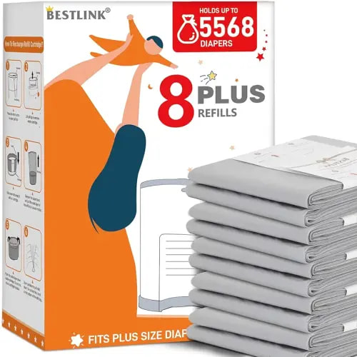 8 Pack Refills Compatible with DEKOR PLUS Diaper Pails | 20% Extra Length Diaper Pail Refill Bags Liners Holds 5568 Diapers | Ultimate Odor Control with Baby Scented