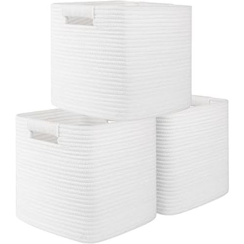 OIAHOMY Storage Cubes 11 Inch Storage Bins-3-Pack, Cotton Rope Woven Baskets for Organizing, Square Storage Baskets for Shelves Organizer, Classroom, Kids Toy Bins, Closet, Baby Nursery-White