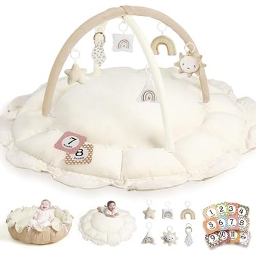 Little Dove 5-in-1 Convertible Baby Play Gym with 6 Toys, Tummy Time Mat for Sensory Development, Baby Activity Center for Newborn & Toddler, Ball Pit, Soft Pet Mat, Cream