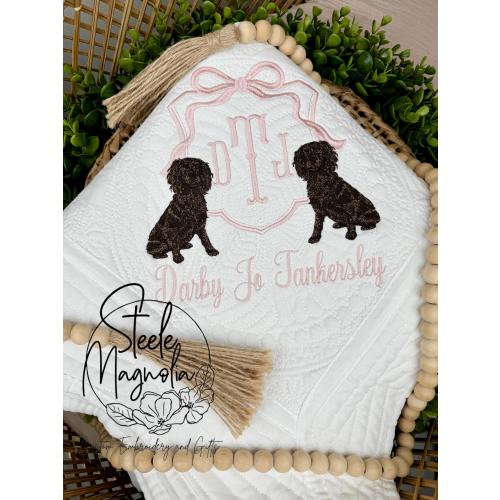 Boykin Spaniel Dog Pink Bows Embroidered Baby Blanket Girl Custom Dog Nursery Decor Personalized Heirloom Quilt Custom Baby Shower Dog Gift