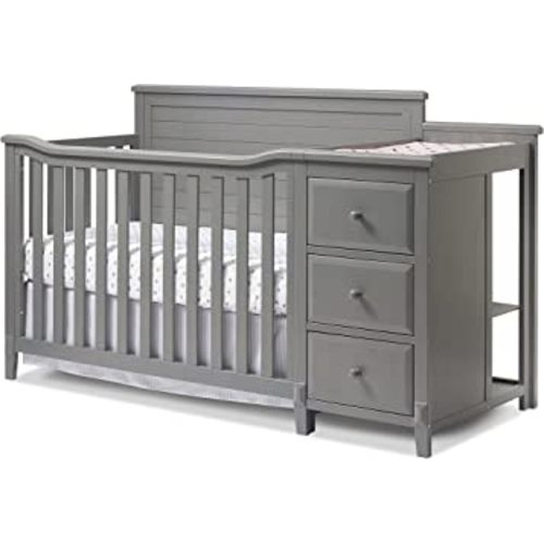 Berkley Crib and Changer with Solid Panel Back Classic -in- Convertible Diaper Changing Table Non-Toxic Finish Wooden Baby Bed Toddler Childs Daybed Full-Size - Weathered Gray