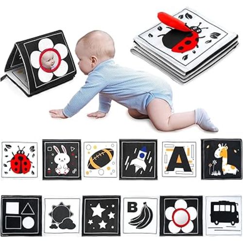 Infinno Black & White Baby Toys High Contrast Crinkle Cloth Activity Book, Infant Mirror Toys for Baby 0-6 Months, Newborn Sensory Tummy Time Toys for Infants, Baby Development Essential