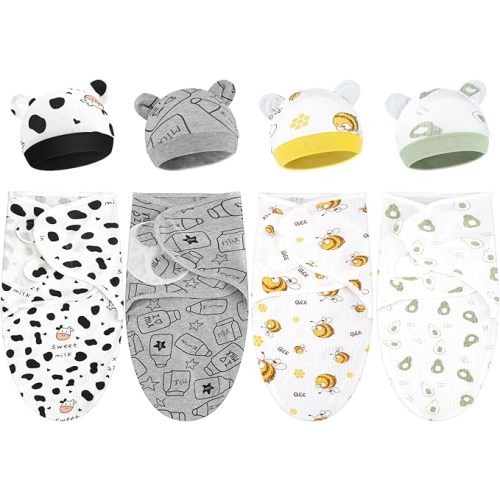 Buryeah 4 Pack Preemie Swaddle Blanket Wrap Set with Hat for Baby Boys Girls 3-7 Lbs Preemie Newborn Clothes Sleepers Cap