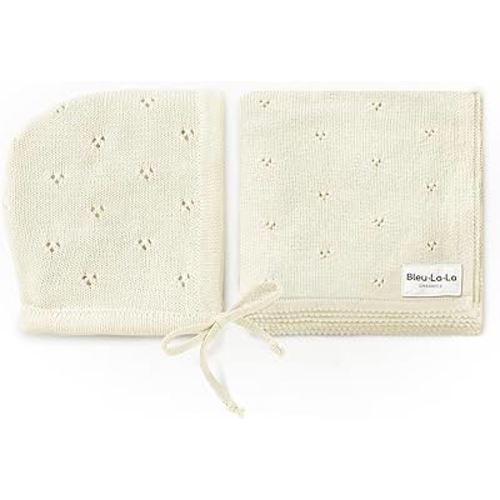 Organic Baby Blanket + Hat Gift Set - 100% Soft Luxury Cotton Unisex Receiving Swaddle Blanket + Bonnett Registry for Newborns & Infants (Butter Cream + Hat)