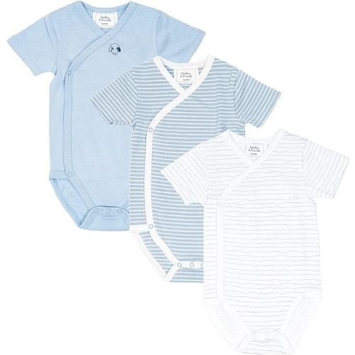 Stellou & friends Unisex Crossbody Side Snap Onesies - Cotton Bodysuit - 3-Pack - Blue Solid and Stripes - 3-6 Months