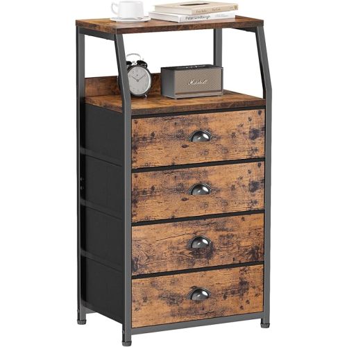 Furnulem Night Stand, Tall 4 Drawers Dresser for Bedroom, Hallway, Nursery, Closet Organizer, Nightstand Bedside Table Furniture, Vertical Storage Tower Fabric, Sturdy Steel Frame, Wood Top