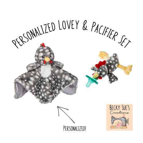 Personalized lovey blanket and infant pacifier gift set. Embroidered name, Christmas gift for baby, Mary Meyer, WubbaNub, Stocking Stuffer