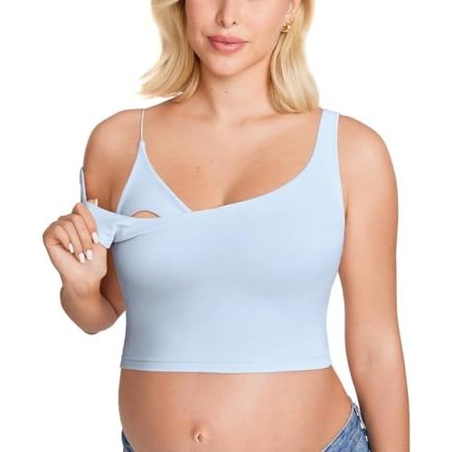 MOMANDA Women's Nursing Bras Longline Sports Breastfeeding V Neck Sleeveless Crop Tank Top with Built in Bra