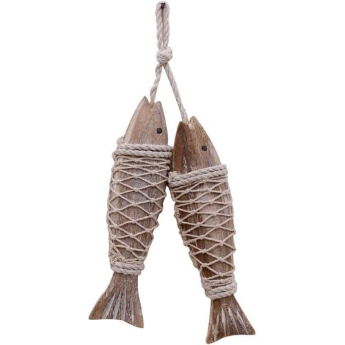 Antique Wood Fish Decor Ornament Wall Hanging Wooden Fish Decorations for Home Nautical Theme 2 Pieces