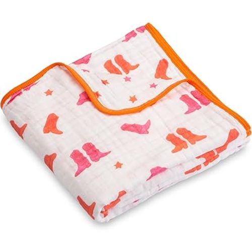 LollyBanks Muslin Baby Blanket 100% Cotton, Muslin Quilt Lightweight, Western Girl Muslin Blanket, 6 Layers Baby Blankets 47"x 47", Soft Nursery Receiving Blankets Baby Essentials (Pink Boot)