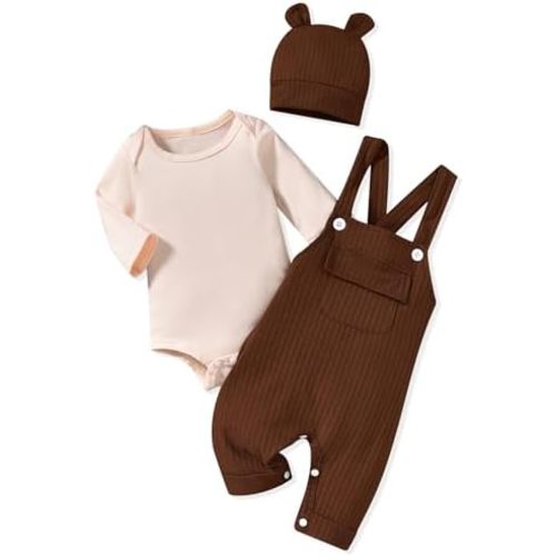 HINTINA Newbrn Baby Boy Clothes Long Sleeve Bodysut Bib Overall Pants Set With Hat Fall Winter Outfits
