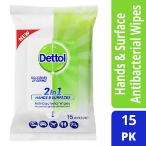 Dettol 2 in 1 Hands And Surfaces Antibacterial Wipes | 15 pack