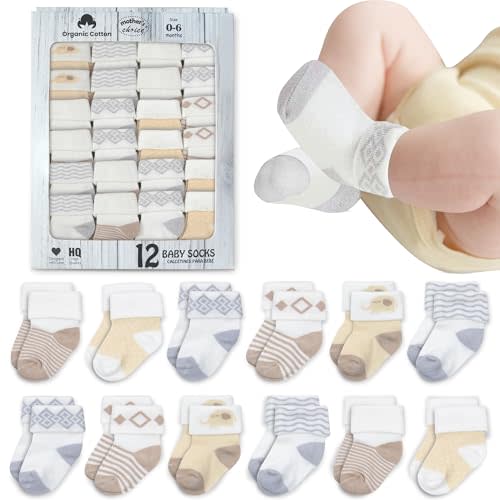 Organic Cotton Baby Socks, 12 Pairs, Unisex 0-6M - Soft, Hypoallergenic Newborn & Infant Socks - Baby Girl & Boy Gifts, (US, Age, 0 Months, 6 Months, 12, Brown)