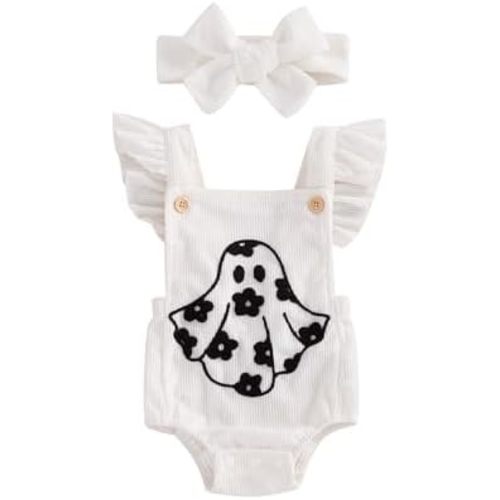 Muasaaluxi Newborn Baby Girl Halloween Outfit Ruffle Fly Sleeve Ghost Embroidery Romper Corduroy Bodysuit Headband 0-18M