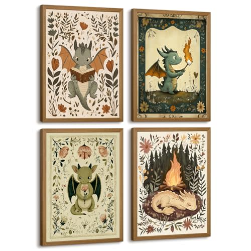 Vintage Nursery Dragon Wall Art Baby Boy Room Canvas Wall Decor Whimsical Dinosaur Flower Poster Nursery Cute Dragon Pictures Fantasy Prints Painting for Girls Bedroom Kids Room 8x10 Inch Framed 4Pcs