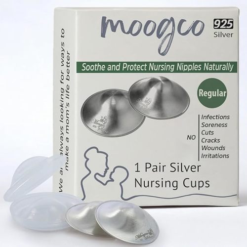 MOOGCO The Original Silver Nursing Cups - 925k Silver Nipple Cups - Nipple Shields for Breastfeeding Newborn – Protective Silver Nipple Covers for Nursing Moms (925k Regular)