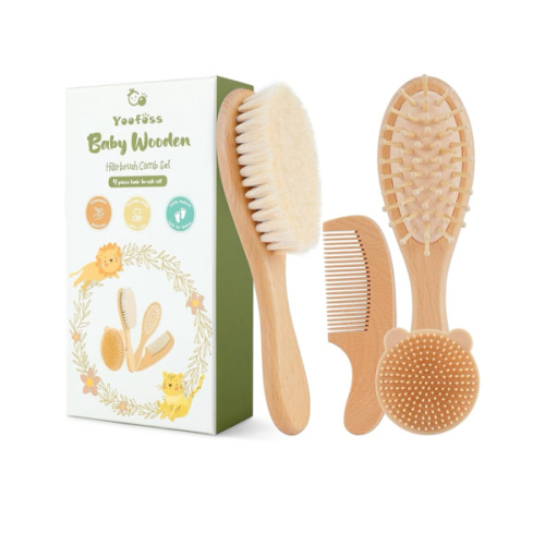 Yoofoss 4 Piece Baby Brush and Comb Set, Wooden Baby Brush with Natural Ultra Soft Goat Hair, Baby Hair Brush for Newborn, Baby Brush Set for Boy Girl