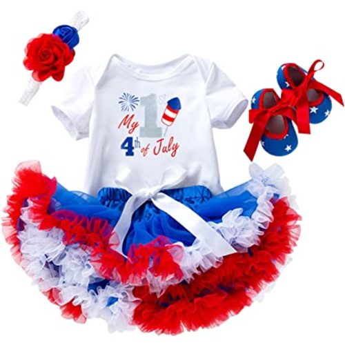 4th of July Baby Girl Outfit American Flag Romper + Ruffle Tulle Tutu Skirt + Flower Headband + Shoes Toddler 1st Birthday Unicorn Dress Independence Day Patriotic Party Clothes 4pcs Set White 3-6M
