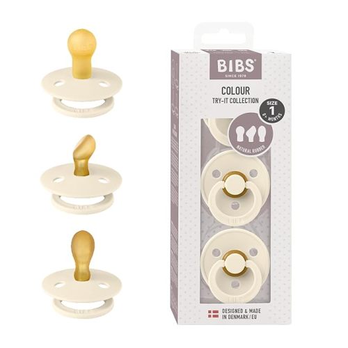BIBS Pacifiers 0-6 Months | 3-Pack Soothers | BPA-Free Symmetrical Nipple | Made in Denmark | Ivory Try-It Collection (Ivory)