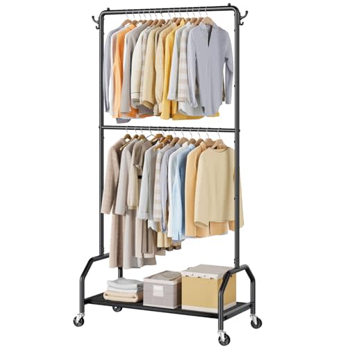 Wiracks Clothes Rack Double Hanging Clothes Rack Clothing Rack Garment Rack 130LBS Capacity 34.5" W X15.8 D X 79" H Rolling Clothes Racks for Hanging Cothes with Bottom Shelf