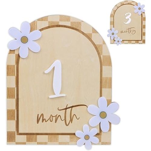 Baby Monthly Milestone, Wooden Baby Milestone Signs, Monthly Milestone Wood Discs, Baby Milestone Discs, Baby Photo Props Cards Interchangeable Number Set of 12 for Baby Growth Recording (Caro Card)