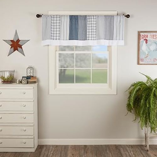 VHC Brands Sawyer Mill Blue Patchwork Farmhouse Kitchen Window Cotton Curtain Valance 19x60