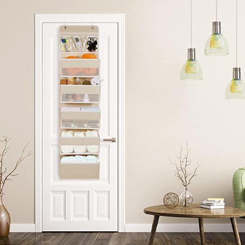 Univivi 6-Shelf Over Door Hanging Organizer Fabric Door Storage with 5 Large Pockets and 3 Small PVC Pockets Wall Mount Hanging Storage Organizers (Beige)… - 6 LAYER - Beige Pattern