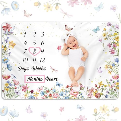 Nuanchu Baby Monthly Milestone Blanket Baby Girl Boy 60" x 40" Soft Fleece First 12 Months Growth Chart Newborn Photography Background Baby's First Year Milestone Blanket Nursery Decor(Wildflower)