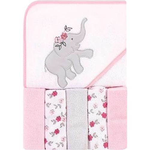 Hudson Baby Unisex Baby Hooded Towel and Five Washcloths, Floral Elephant, One Size