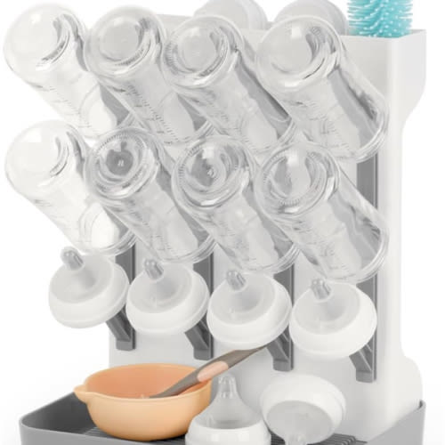 Baby Bottle Drying Rack, Space Saving Baby Bottle Organizer for Countertop, Vertical Bottle Dryer Holder with Brushes Holder, Large Bottle Storage Holder 12 Bottles & Baby Accessories Grey