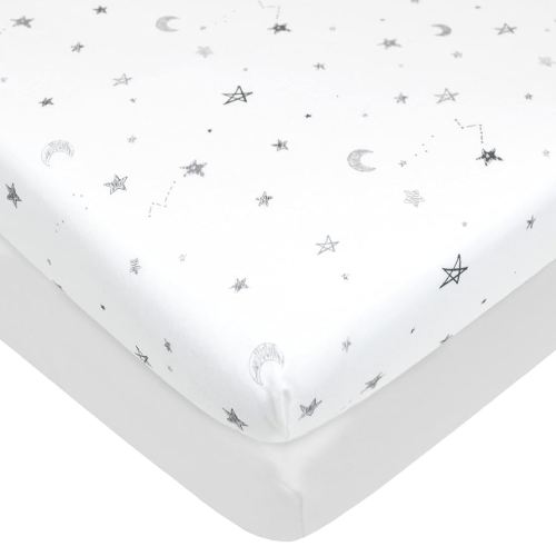 American Baby Company 2 Pack Printed 100% Natural Cotton Jersey Knit Fitted Pack N Play Playard Sheet, Gray Star and White, Soft Breathable, for Boys and Girls