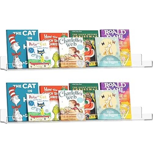 36 Inches Clear Acrylic Floating Shelves Wall, Bookshelf for Kids, Nursery Book Shelves, Magazine Rack, Picture Ledge Shelf for Photo Frames Vinyl Records, Pack of 2