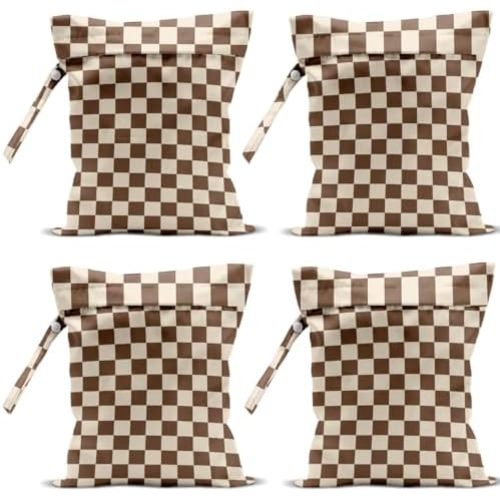 4 Pack Cute Wet Bag Waterproof Washable Reusable Wet Dry Bag for Swimsuit Clothes Cloth Diaper Travel Beach Pool Yoga Gym Thanksgiving Party Camping Toiletries Travel Beach Essentials,Brown Checkered