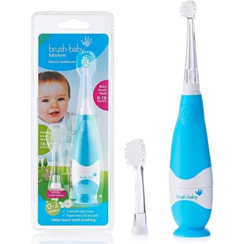 BabySonic Infant and Toddler Electric Toothbrush for Ages 0-3 Years - Safe and Sensitive Brush Heads, Sucker Base, Timer, Waterproof